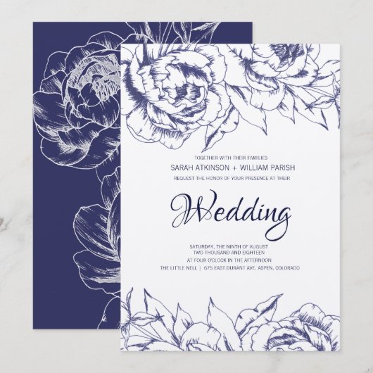 Navy Peony Simple Wedding Invitation Einladung (Vorne/Hinten)
