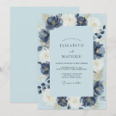 Navy-Pfingstrosen-Hochzeit Einladung (Vorne/Hinten)