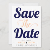 Navy, Pfirsichtypografie und Foto auf der Rückseit Save The Date (Vorderseite)