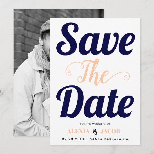 Navy, Pfirsichtypografie und Foto auf der Rückseit Save The Date (Vorne/Hinten)