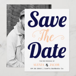 Navy, Pfirsichtypografie und Foto auf der Rückseit Save The Date