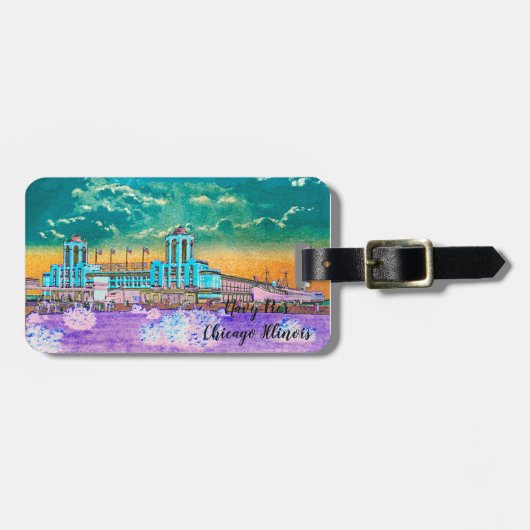 Navy Pier Chicago 1920's Watercolor Art Windy City Gepäckanhänger (Vorderseite horizontal)