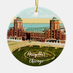 Navy Pier Chicago 1920's Watercolor Art Windy City Keramik Ornament