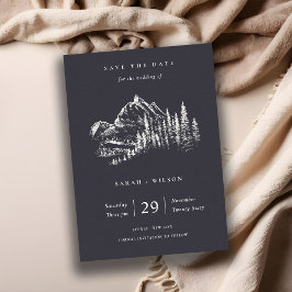 Navy Pine Woods Mountain Sketch Save the Date Kart Dankeskarte