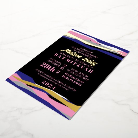 Navy Pink Bar Bat Mitzvah Einladung Gold Foil (Gedreht)