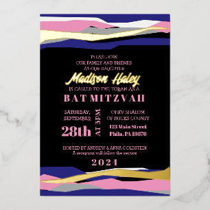 Navy Pink Bar Mizwa Einladung Goldfolie