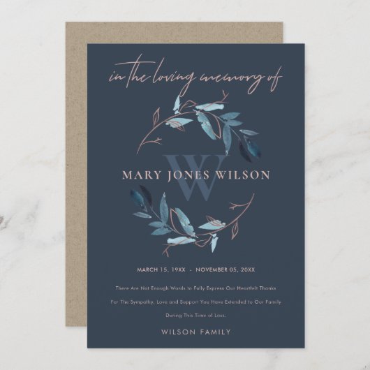 NAVY PINK BLUE FOLIAGE WREATH BEILEID MEMORIAL DANKESKARTE (Vorne/Hinten)