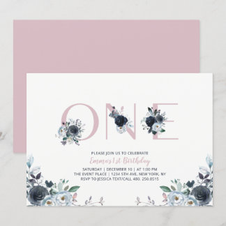 Navy & Pink Boho Floral Girl 1. Geburtstag Party Einladung