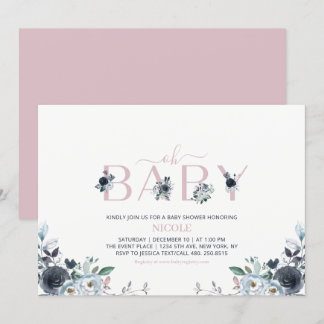 Navy & Pink Boho Floral Girl Babydusche Einladung