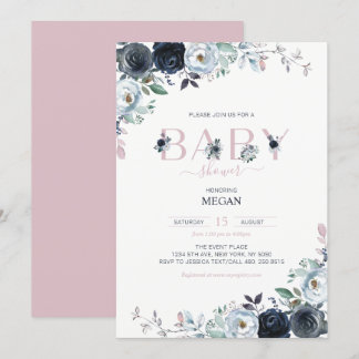 Navy & Pink Boho Floral Girl Babydusche Einladung