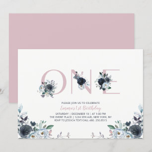 Navy & Pink Boho Florale Mädchen 1. Geburtstagsfei Einladung