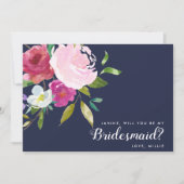 Navy & Pink Bold Floral werden Sie meine Brautjung Einladung (Vorderseite)