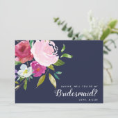 Navy & Pink Bold Floral werden Sie meine Brautjung Einladung (Stehend Vorderseite)