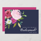 Navy & Pink Bold Floral werden Sie meine Brautjung Einladung (Vorne/Hinten)
