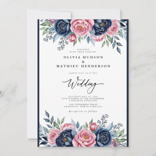 Navy Pink Botanical Bliss Wedding Einladung (Vorderseite)