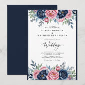 Navy Pink Botanical Bliss Wedding Einladung (Vorne/Hinten)