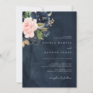 Navy Pink Elegant Watercolor Florals Wedding Einladung