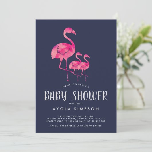 Navy & Pink Flamingos Twins Kinderdusche Einladung (Stehend Vorderseite)