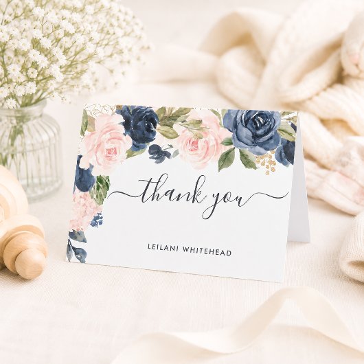 Navy Pink Floral Baby Dusche Danke Karte