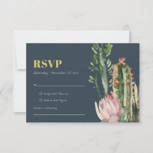 NAVY PINK FLORAL CACTI FOLIAGE WATERCOLOR UAWG RSVP KARTE