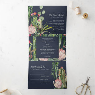 NAVY PINK FLORAL CACTI FOLIAGE WATERCOLOR WEDD DREIFACH GEFALTETE EINLADUNG