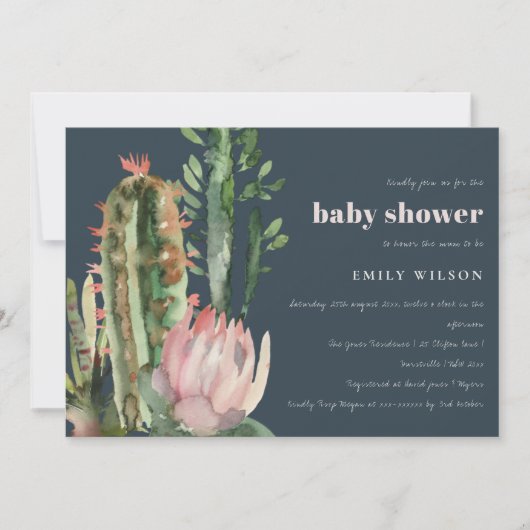 NAVY PINK FLORAL DESERT CACTI FOLIAGE BABY SHOWER EINLADUNG (Vorderseite)