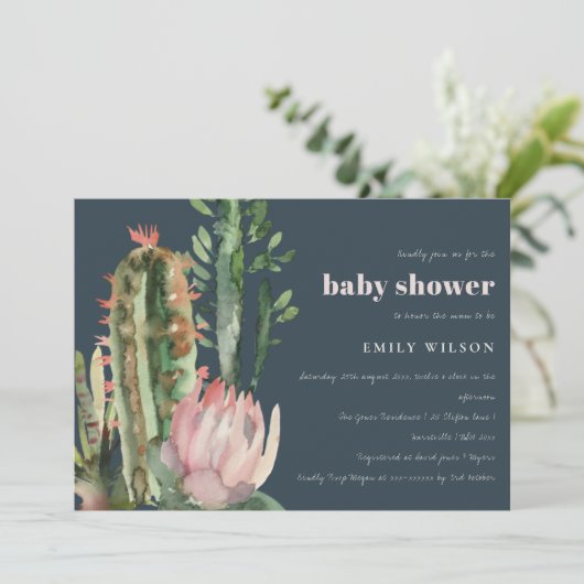 NAVY PINK FLORAL DESERT CACTI FOLIAGE BABY SHOWER EINLADUNG (Stehend Vorderseite)