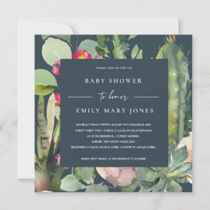 NAVY PINK FLORAL DESERT CACTI FOLIAGE BABY SHOWER EINLADUNG
