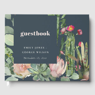 NAVY PINK FLORAL DESERT CACTI FOLIAGE WATERCOLOR GÄSTEBUCH