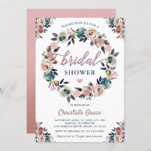 Navy Pink Floral Wreath Rose Gold Brautparty Einladung