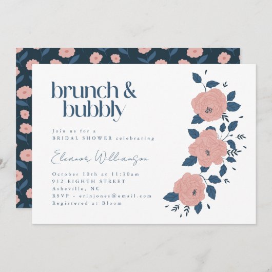 Navy Pink Garden Blume Brunch Bubbly Dusche Einladung (Vorne/Hinten)