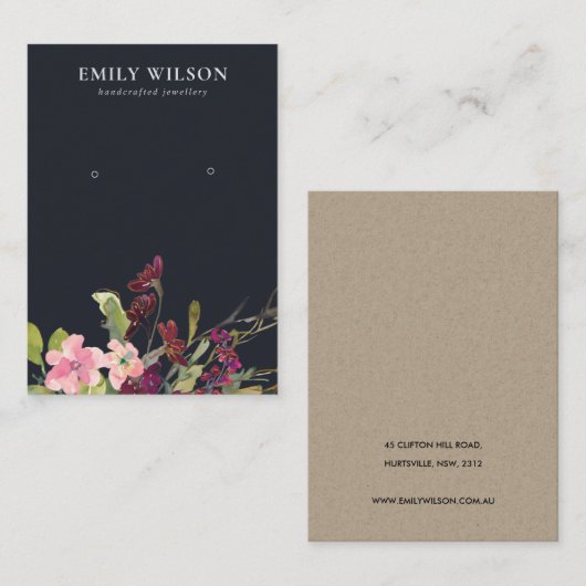 NAVY PINK GOLD BURGUNDY ROSE FLORA EARRING DISPLAY VISITENKARTE (Vorne/Hinten)