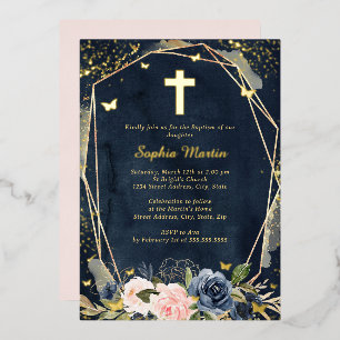 Navy Pink Gold Kreuz Floral Mädchen Taufe Folieneinladung