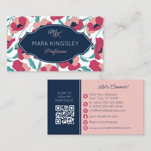 Navy Pink Modernes Mohnmuster Monogramm Visitenkarte (Vorne/Hinten)