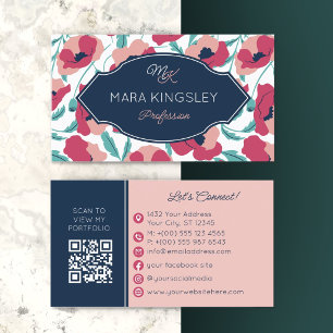 Navy Pink Modernes Mohnmuster Monogramm Visitenkarte