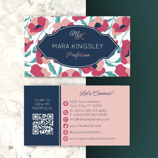 Navy Pink Modernes Mohnmuster Monogramm Visitenkarte