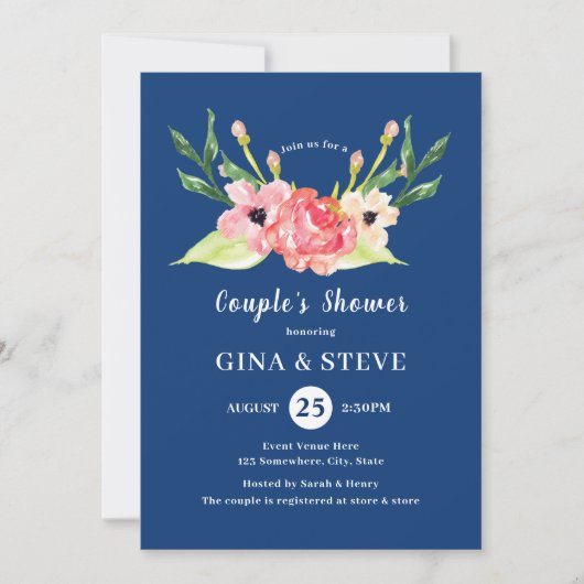 Navy Pink Orange Aquarell Floral Coupels Dusche Einladung (Vorderseite)