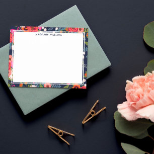 Navy Pink Orange Boho Florales Border mit Namen Mitteilungskarte