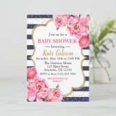 Navy & Pink Peony Floral Baby Dusche Einladung (Stehend Vorderseite)