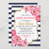 Navy & Pink Peony Floral Baby Dusche Einladung (Vorne/Hinten)