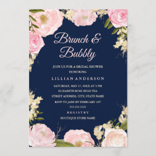Navy Pink Rose Brunch und Sprudel Brautparty Einladung