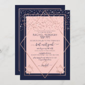 Navy Pink Rose Gold Confetti Border Bat Mitzvah Einladung (Vorne/Hinten)