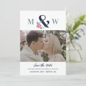 Navy Pink Schönes Blumenambiente und Foto Save The Date (Stehend Vorderseite)