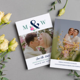 Navy Pink Schönes Blumenambiente und Foto Save The Date