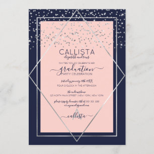 Navy Pink Silver Confetti Border Abschluss Einladung