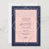 Navy Pink Silver Confetti Border Quinceañera Einladung (Vorderseite)