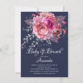 Navy Pink & Silver Floral Baby Brunch Dusche Einladung (Vorderseite)