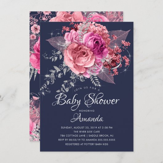 Navy Pink & Silver Floral Baby Dusche Einladung (Vorne/Hinten)