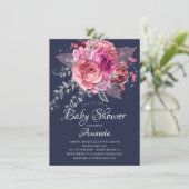 Navy Pink & Silver Floral Baby Dusche Einladung (Stehend Vorderseite)