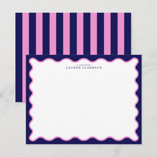 Navy Pink Striped Wavy Frame Note Card Einladung (Vorne/Hinten)